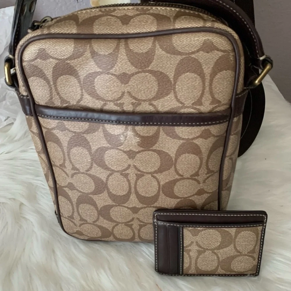 Vintage Coach Tan Messenger Bag with Red and Black Stripes